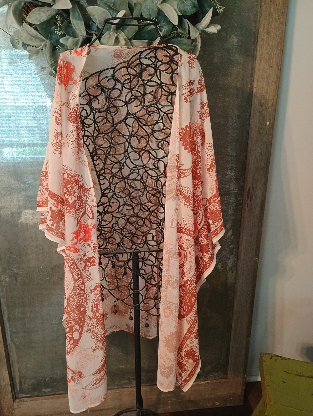 Lightweight Sheer Kimono Cover-Up in Rust & Cream